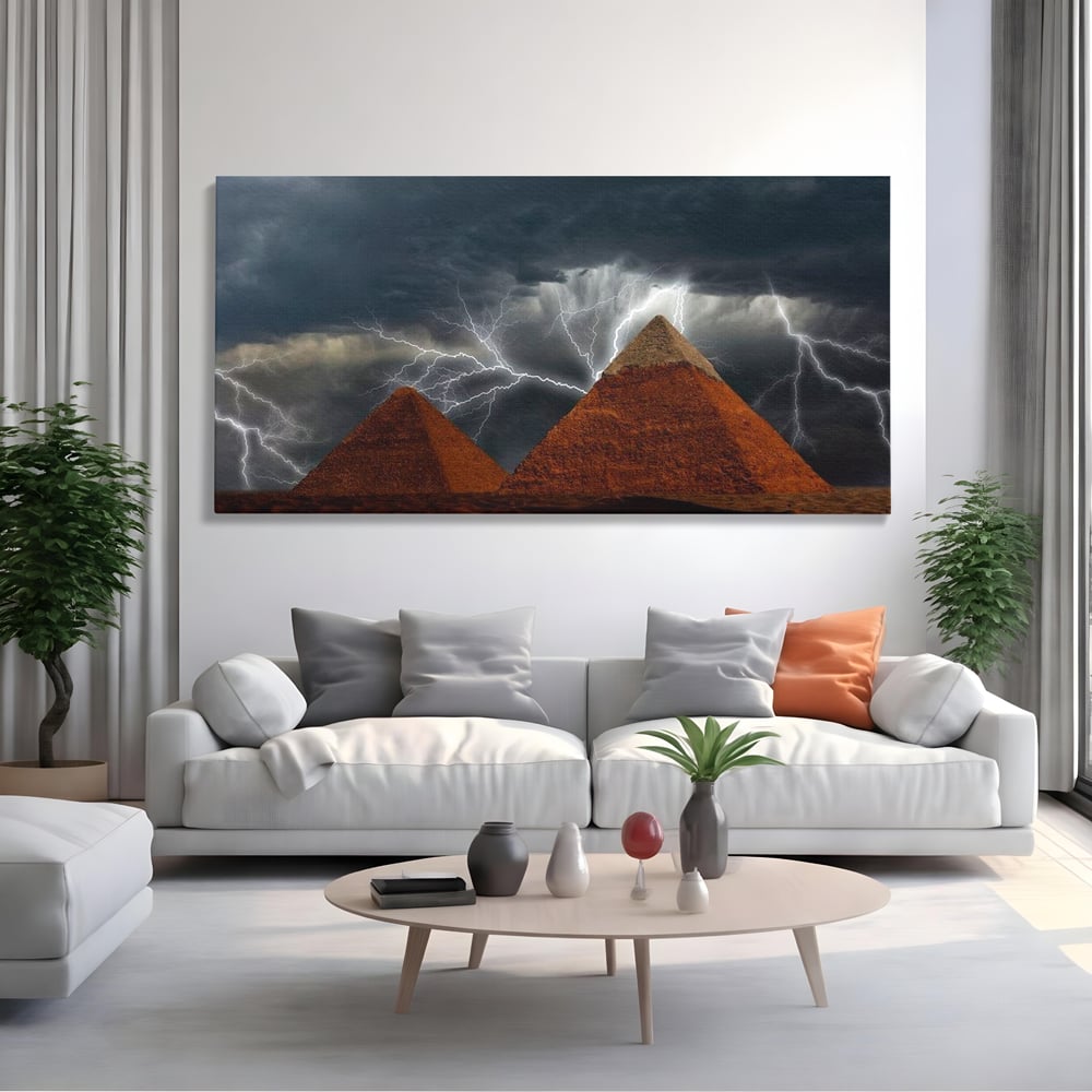 Tablou canvas cu ilustratie cu piramide si fulgere, fara rama, pe sasiu de lemn, pe perete intr-un living